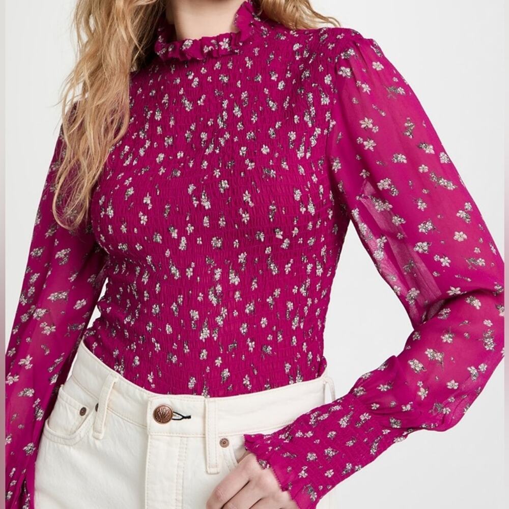 Rag & Bone Kayden Pink Floral Blouse Long Sleeve Smocked‎ Ruffle Sz Medium